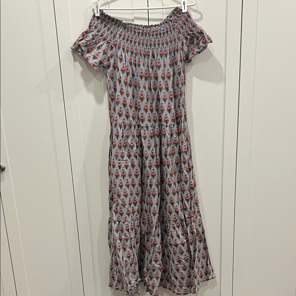 Smocked Off-Shoulder Midi Dress in Light Blue with Rose Print